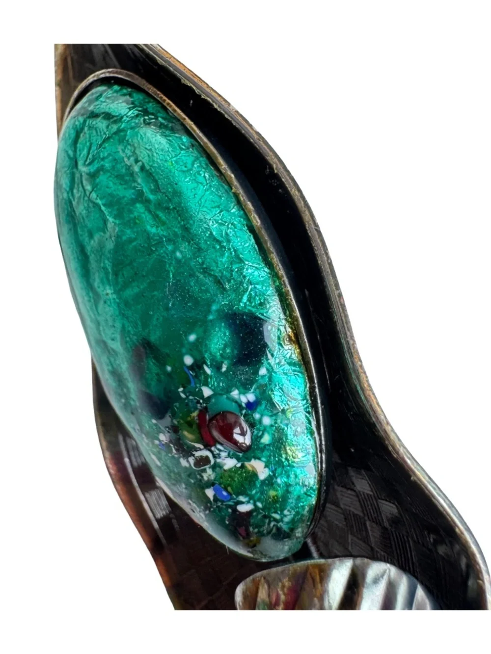 Vintage Japanese Cloisonne Brooch Green Enamel Leaf Silver Tone Statement Pin